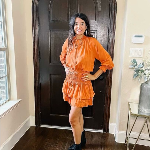 R.Vivimos Cotton Long Sleeves V Neck Layered Ruffles Pleated Swing Mini Dress - Picture 5 of 5